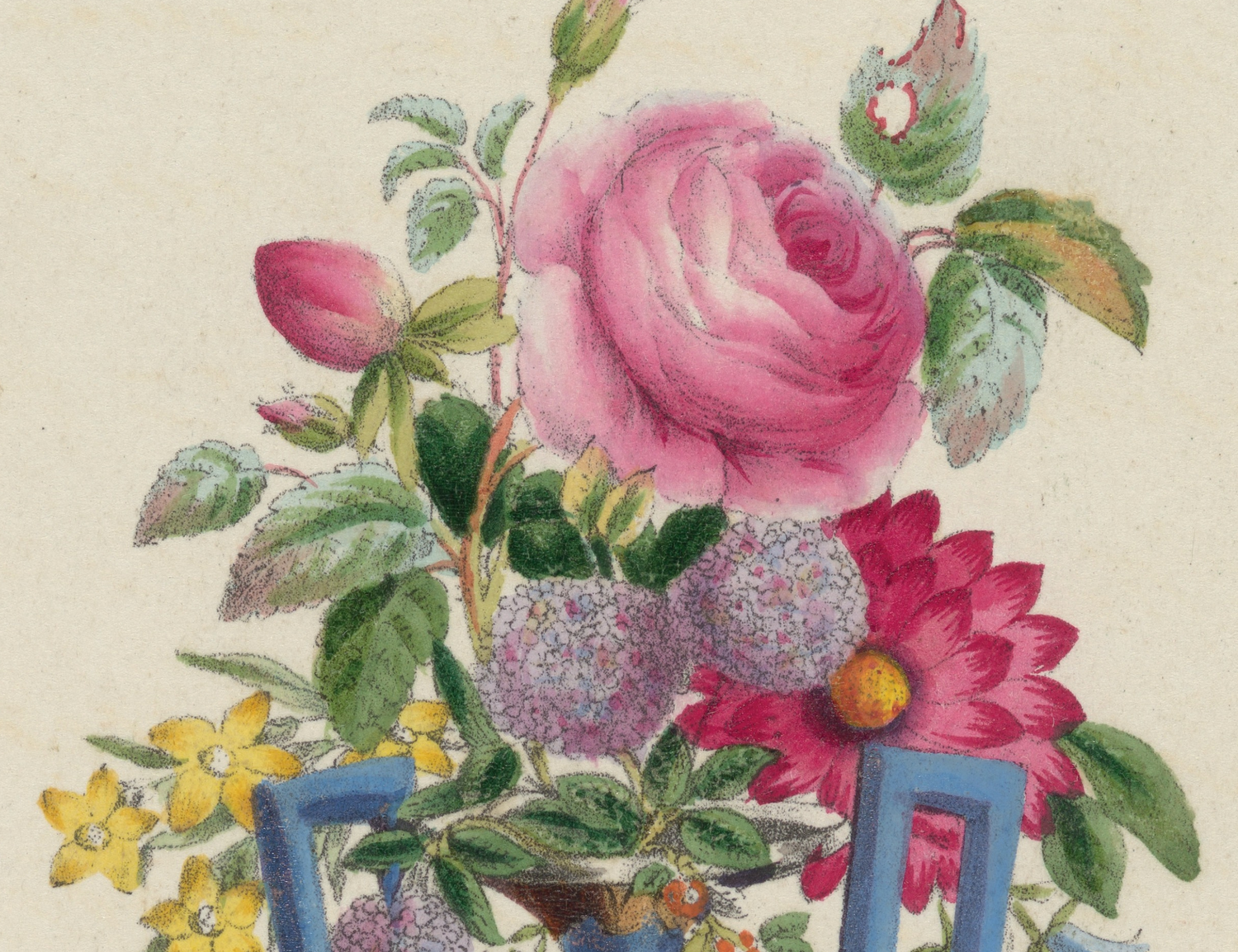 Antique illustration of flowers with a pink rose and green leaves made into a design for luxury unique gift wrap wrapping paper and postcards by Caldwell’s Miscellaneous Fancy Goods