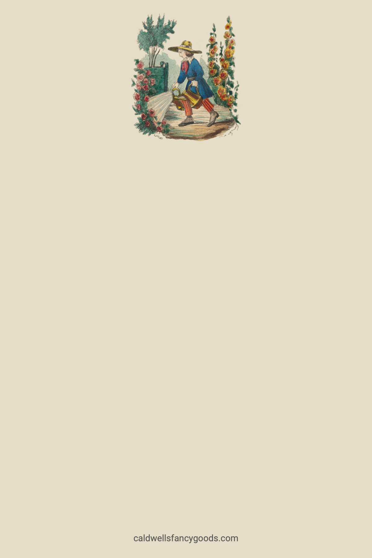 Vintage-style notepad featuring a young gardener in period dress with two watering cans and a wide-brimmed straw hat, tending hollyhocks, roses, and a tree in a French planter, on cream paper. 