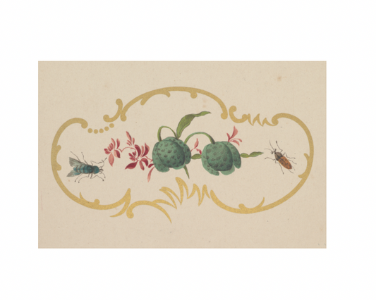 Decorative design with flowers, leaves, and insects on a beige background