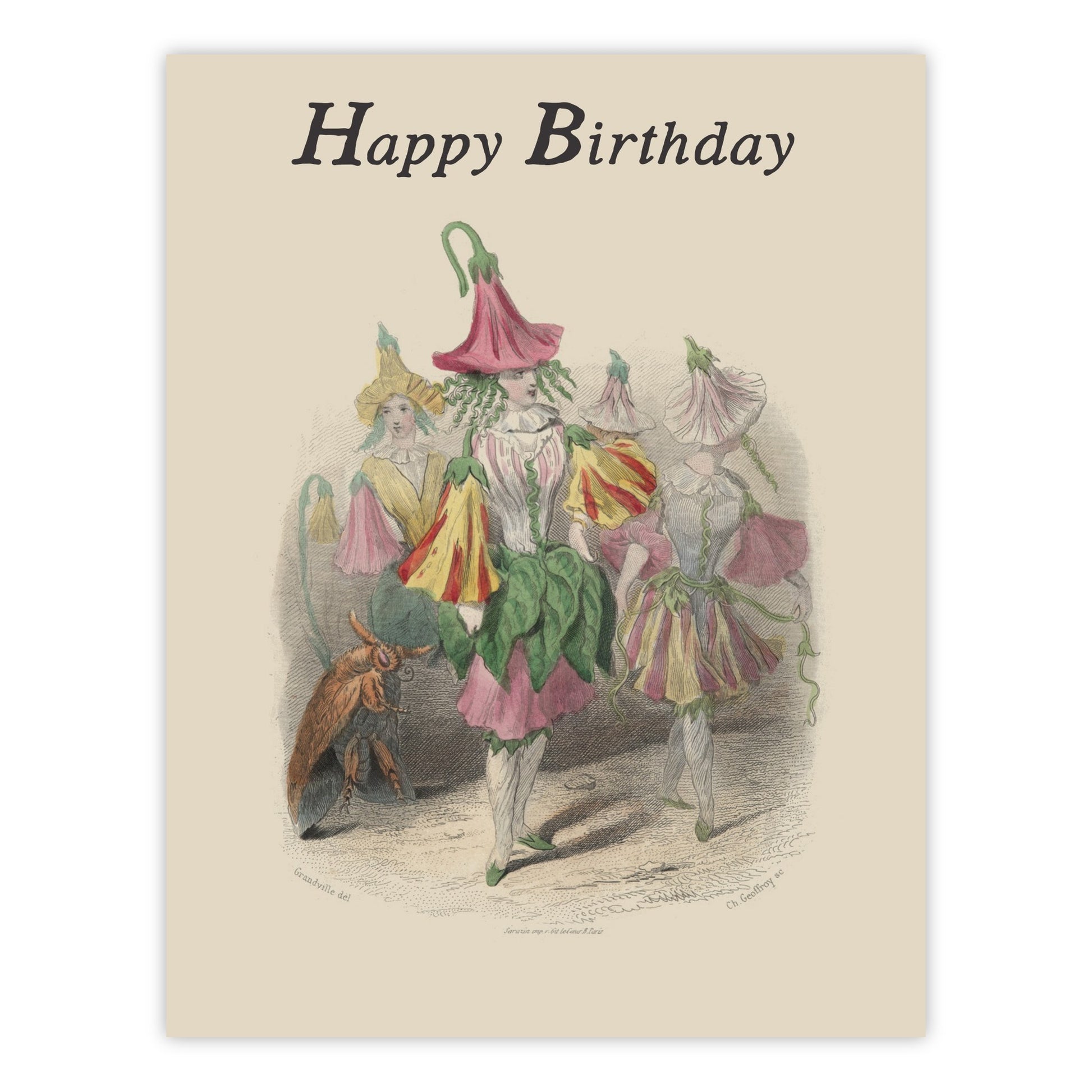 Vintage-style Happy Birthday greeting card featuring fairies in pink and yellow flower hats and petal skirts, parading alongside an insect, on cream cardstock.