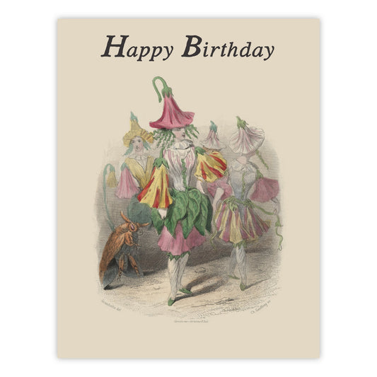 Vintage-style Happy Birthday greeting card featuring fairies in pink and yellow flower hats and petal skirts, parading alongside an insect, on cream cardstock.