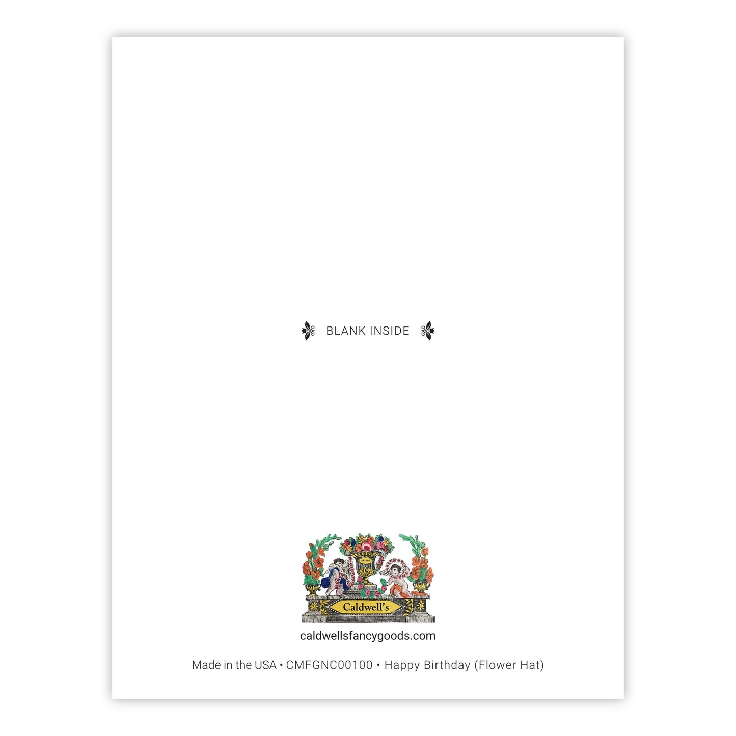 Back of Happy Birthday greeting card showing the Caldwell's logo, blank inside notation, and Made in the USA printing details.