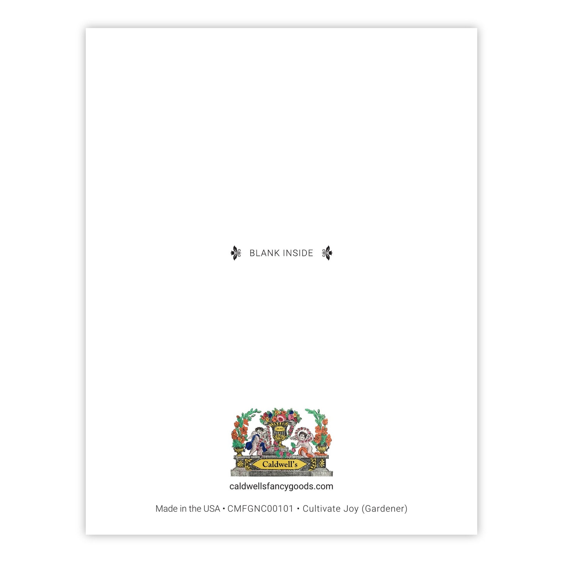 Back of Cultivate Joy greeting card showing the Caldwell's logo, blank inside notation, and Made in the USA printing details.