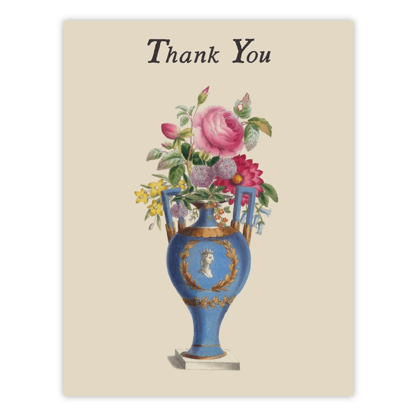 Vintage-style Thank You greeting card featuring a blue and gold cameo urn filled with pink roses, dahlias, and wildflowers, on cream cardstock.