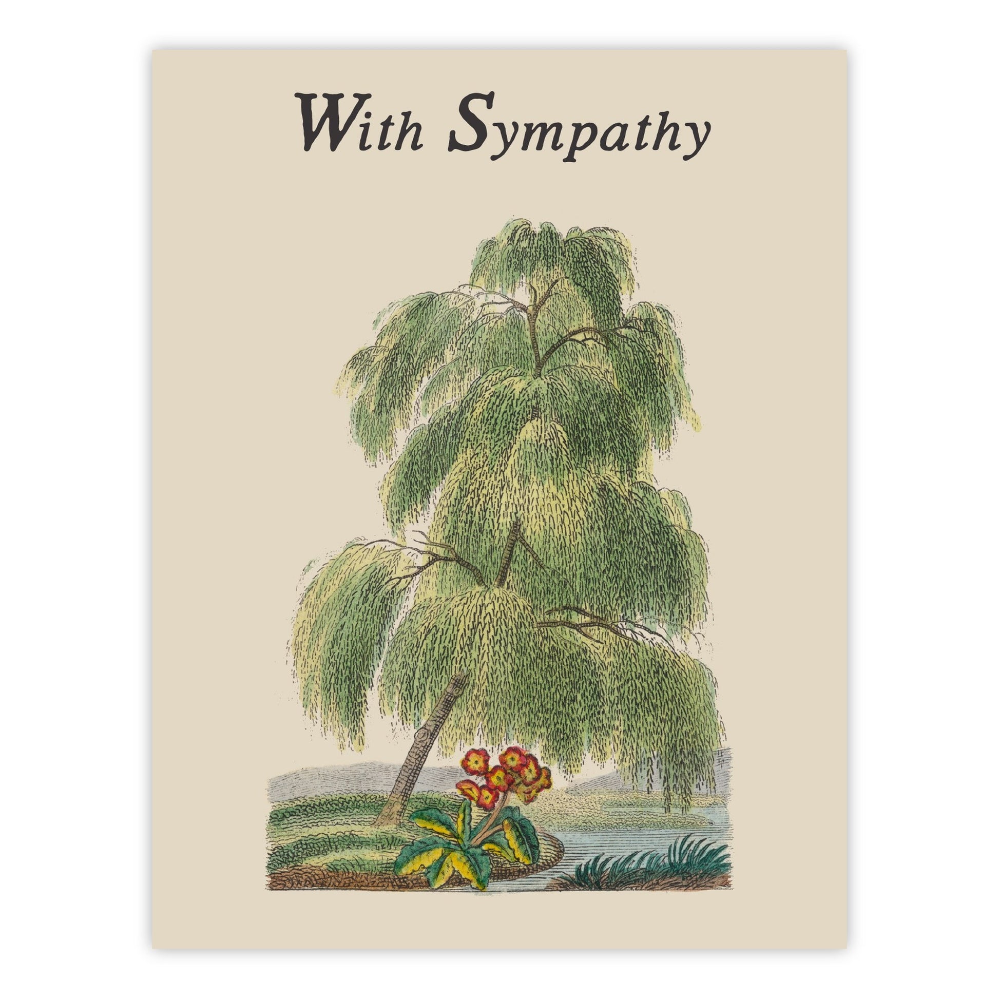 Vintage-style With Sympathy greeting card featuring a hand colored willow tree bending along a riverbank, on cream cardstock.