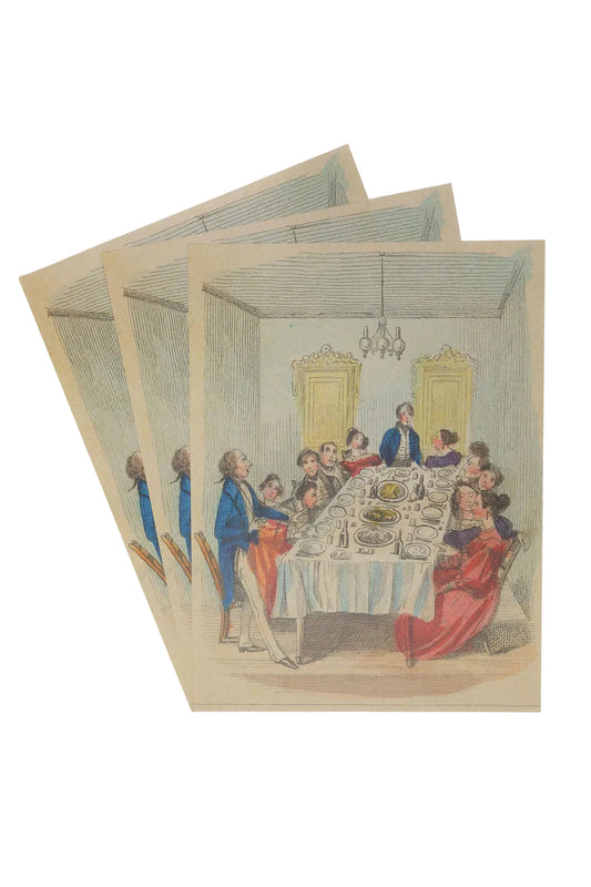 Set of three decorative paper sheets with a vintage-style illustration of a family dining together.