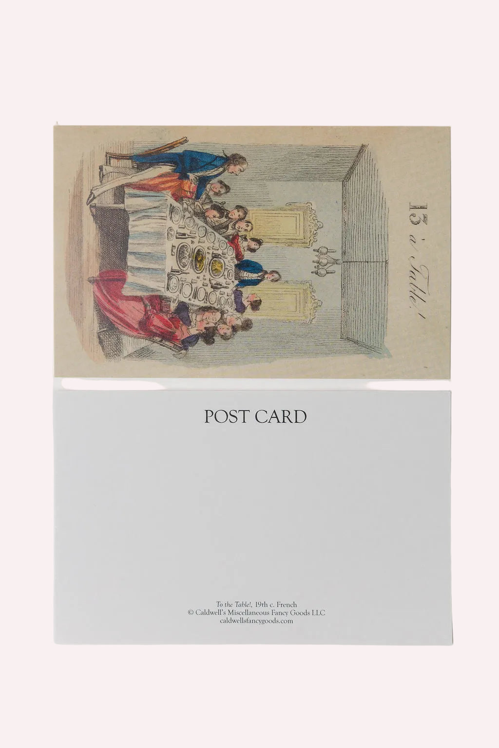 Vintage-style postcard with a colorful illustration of people around a table, on a plain background.