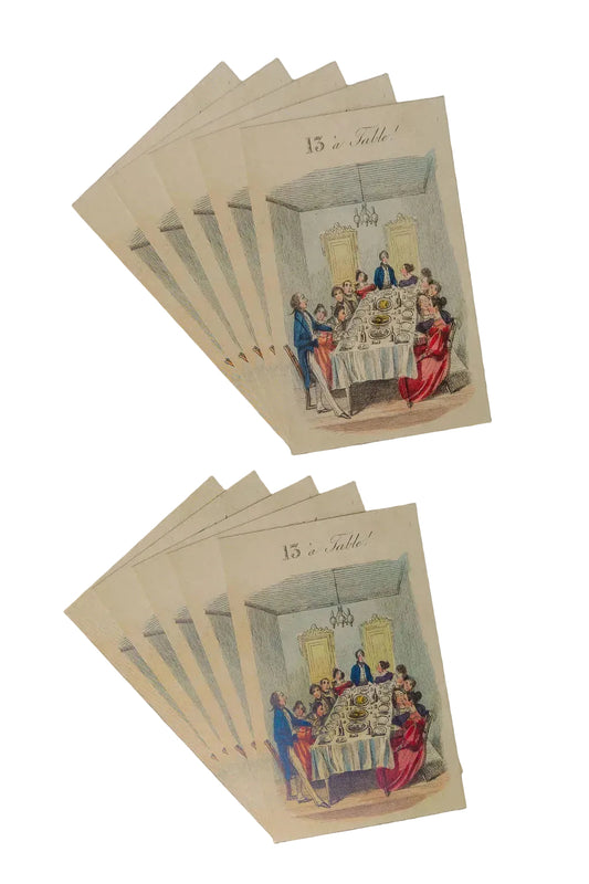 Set of illustrated vintage postcards depicting a formal dinner scene with people around a table.