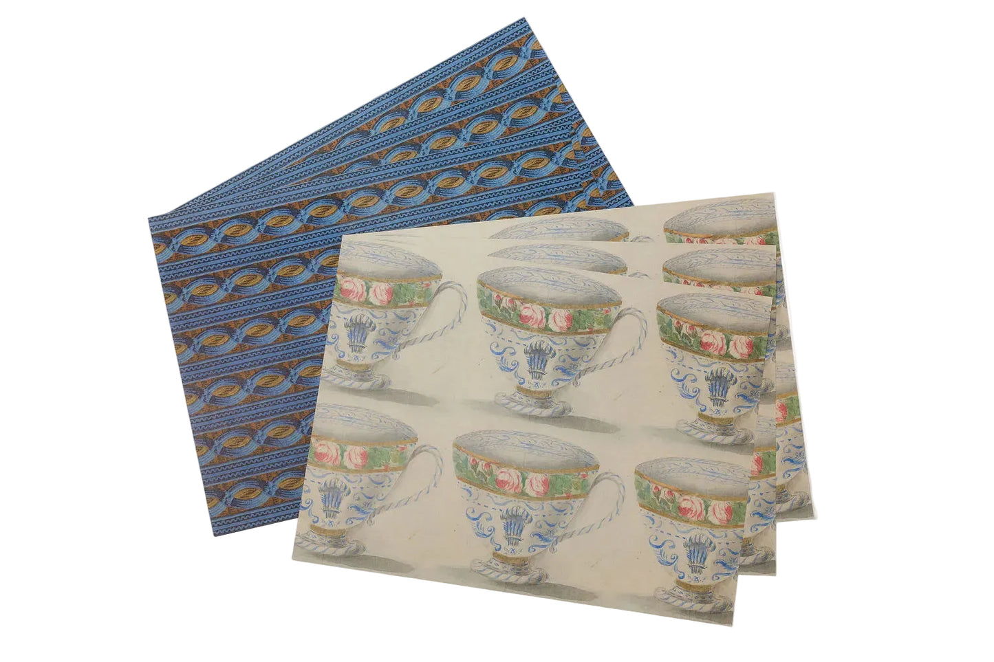 Set of decorative wrapping paper sheets with teacup and wallpaper designs on a white background
