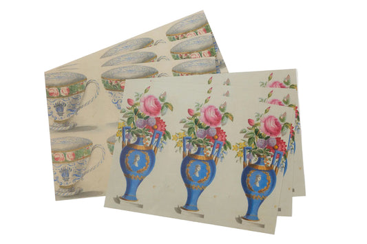 Set of wrapping paper sheets with floral and teacup designs on a white background
