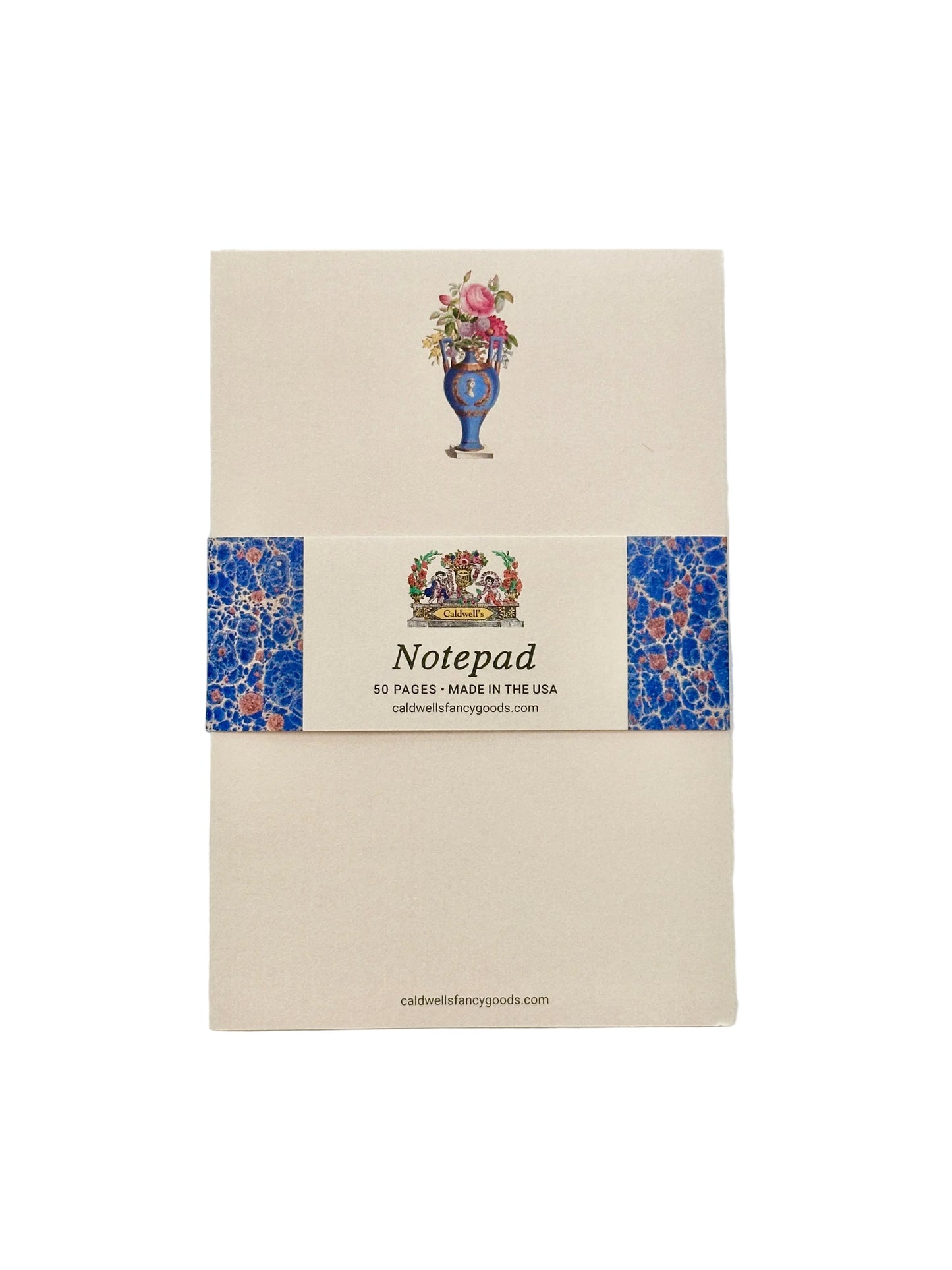 A cream-colored notepad with a decorative blue and pink floral patterned band around the middle, featuring a vase illustration and the text 'Notepad' and '50 PAGES - MADE IN THE USA'.