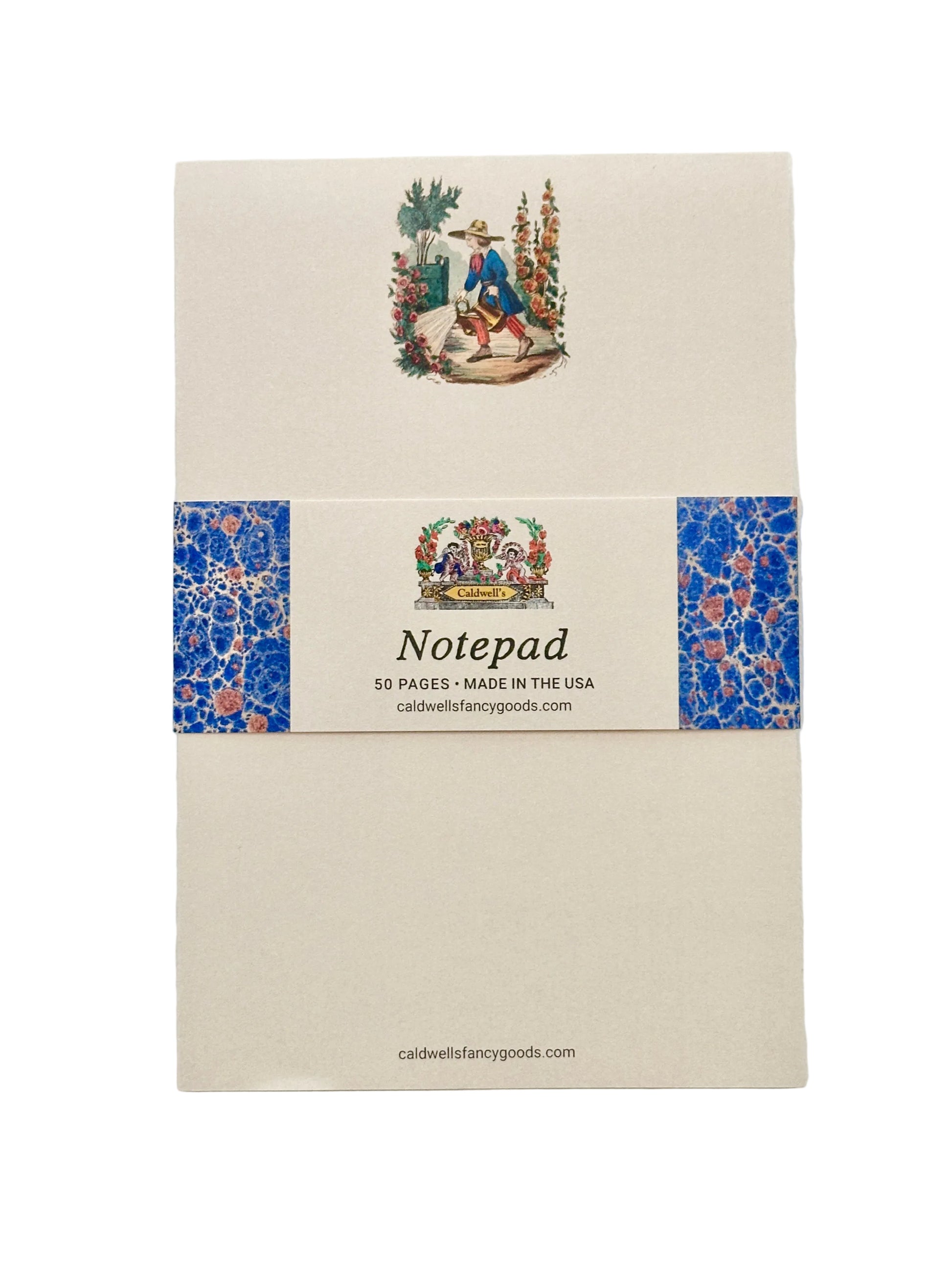 Vintage-style notepad featuring a young gardener in period dress with two watering cans and a wide-brimmed straw hat, tending hollyhocks, roses, and a tree in a French planter, on cream paper. There is an informational belly band around the center of the notepad.