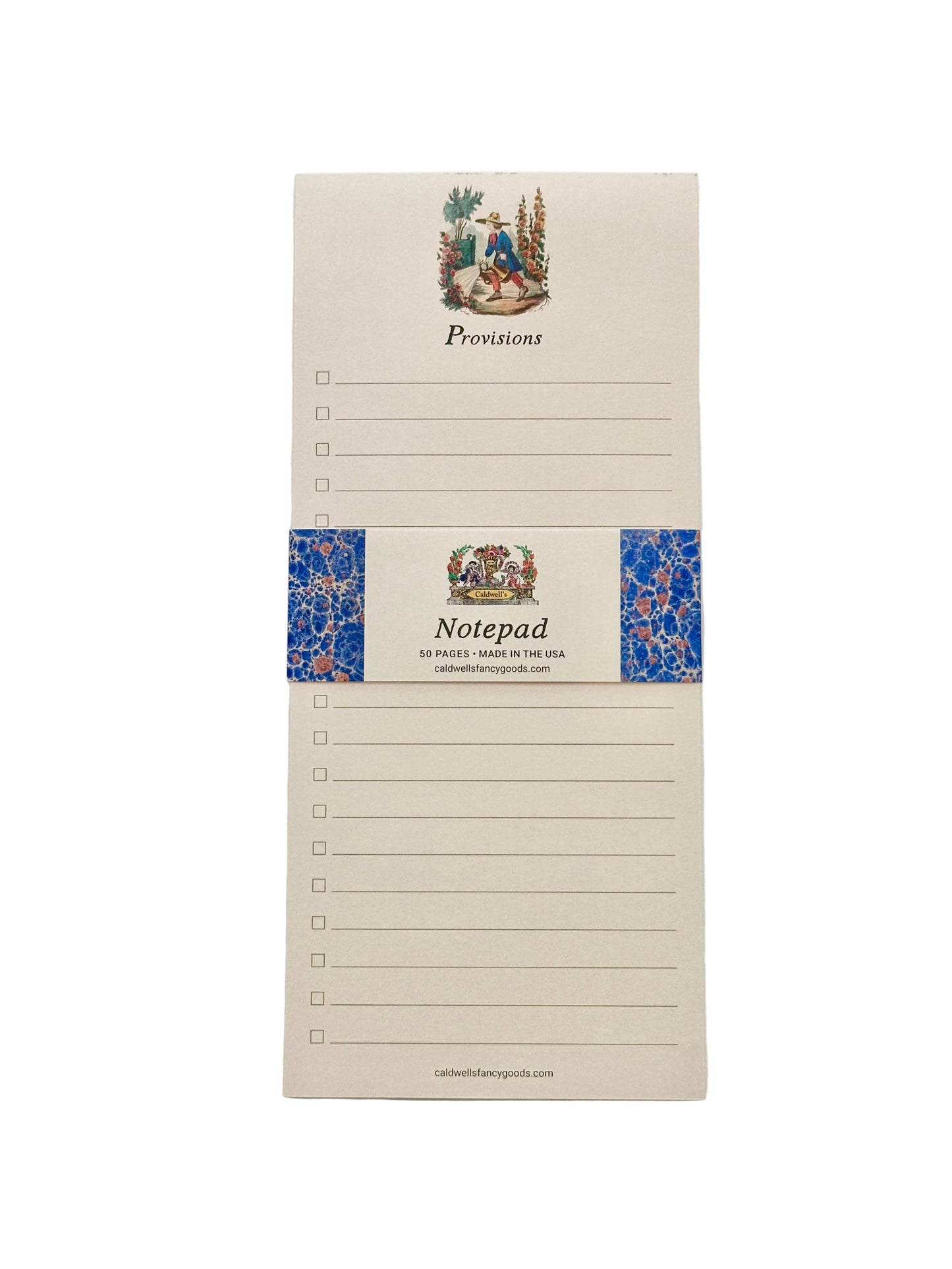 A cream-colored notepad with a decorative image and the word “Provisions” and lines with checkboxes.