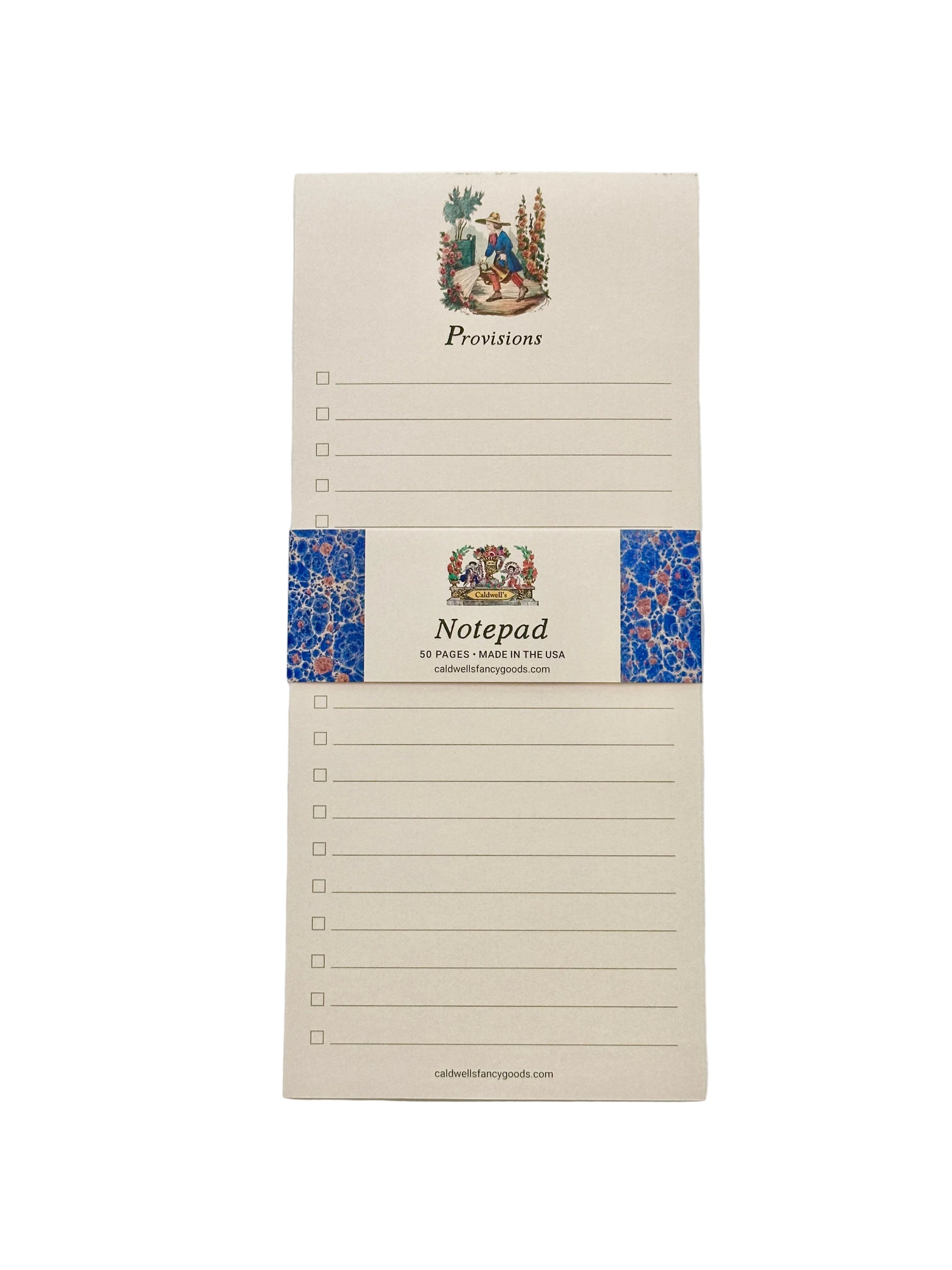 A cream-colored notepad with a decorative image and the word “Provisions” and lines with checkboxes.
