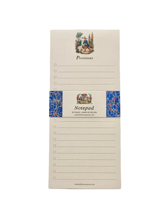 A cream-colored notepad with a decorative image and the word “Provisions” and lines with checkboxes.