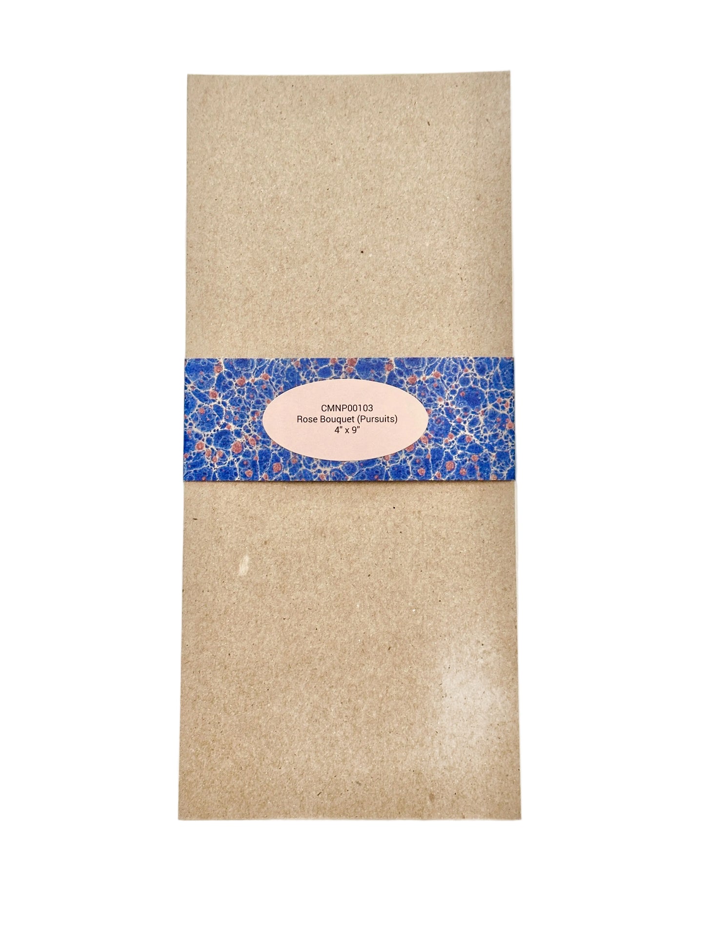 A chipboard notebook back with a blue patterned paper band featuring a pink oval label.